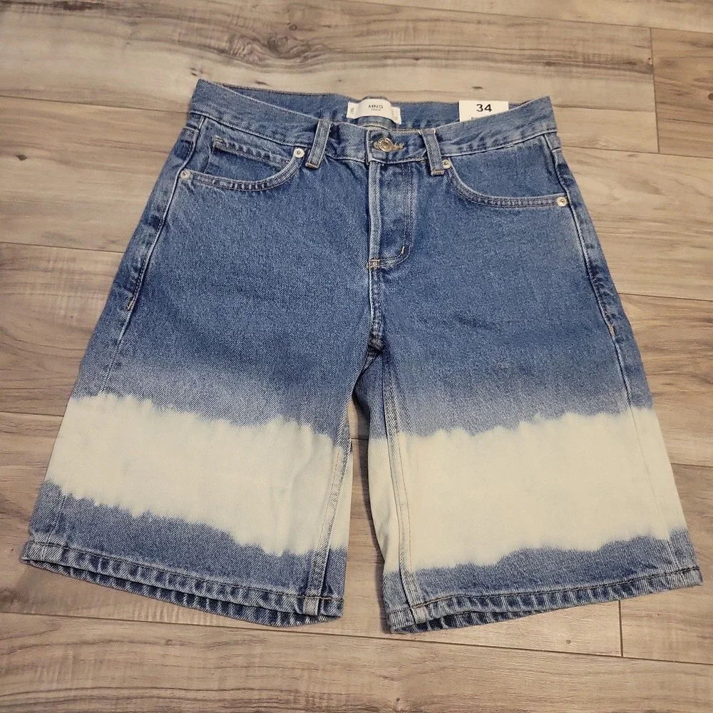 MNG Tie-Dye Bleach Long Bermuda Denim Jean‎ Shorts Womens 2 100% Cotton NEW